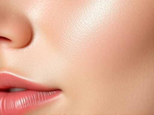 Close-up of healthy, smooth skin texture, with minimal visible pores, subtly highlighting the effect of advanced skincare, showing a glowing and refined complexion.