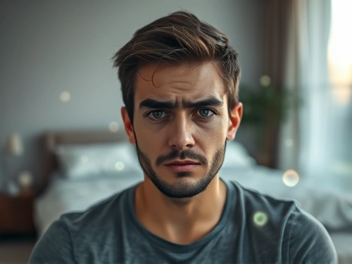 A person with a tired but determined expression, surrounded by subtle glowing particles representing cellular regeneration and rejuvenation, against a blurred background of a modern, tranquil bedroom. Focus on the concept of healing and repair during sleep.