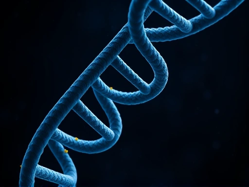 Close-up of a DNA double helix with tiny telomeres at its ends, some visibly shortening, set against a dark, starry background. A subtle, soft light illuminates the telomeres, emphasizing their delicate nature.