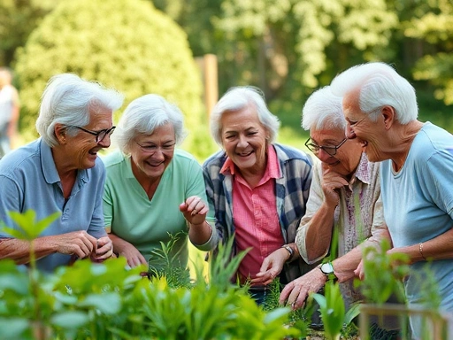 A diverse group of cheerful elderly people actively engaging in a community garden, laughing and collaborating, symbolizing healthy aging through social bonds, natural lighting, vibrant.