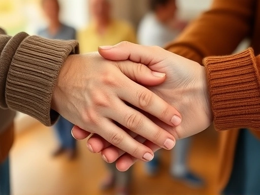 Close-up of two elderly hands gently holding each other, with blurred background showing diverse social activities, emphasizing connection and support in aging, warm tones, comforting.