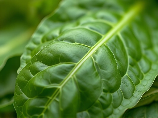 Close-up of a single spinach leaf, showing its intricate vein structure, symbolizing cellular health and anti-aging properties, with soft focus.