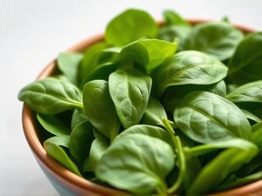 A vibrant bowl of fresh spinach, with a subtle glow around the leaves, illustrating its health benefits for eye vision, in a natural light setting.