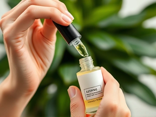 Close-up of hands gently applying a serum with a blurred background of green leaves, highlighting skin barrier protection.