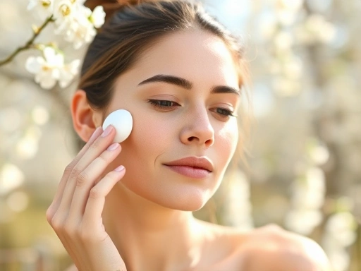 A person applying a gentle moisturizer to their face in a bright, soft-focused spring setting, emphasizing hydration and freshness.