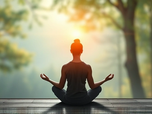 A person meditating in a peaceful setting, with subtle visual elements representing stress reduction and cellular regeneration, serene atmosphere.