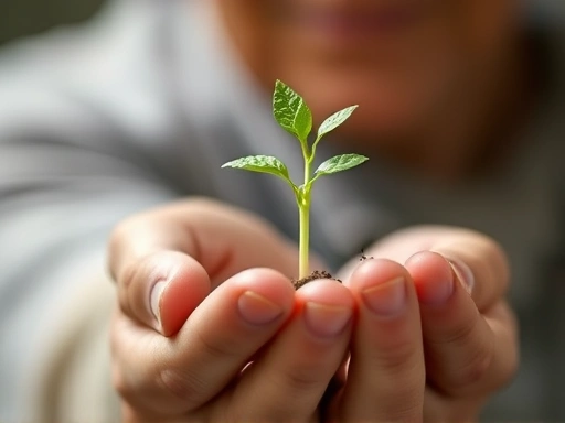 Close-up of a person's hand holding a plant sprout, symbolizing growth, renewal, and the delicate balance of health and aging, focused on details.
