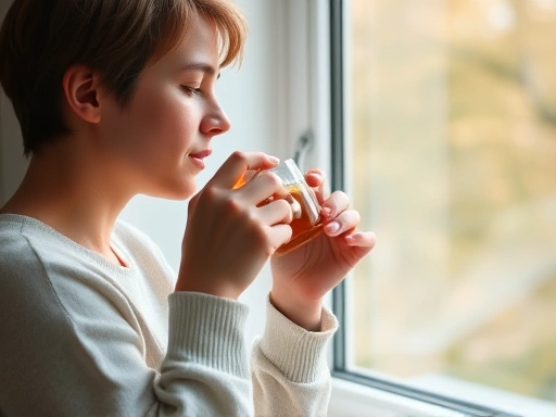 A person practicing a calm morning routine, drinking tea by a window, with a sense of peace and mental stability, soft natural light.