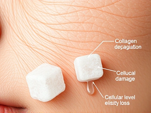 A close-up of skin with fine lines, showing the effects of sugar on collagen degradation, with a sugar cube melting near it, in a scientific illustration style. Focus on cellular level damage and elasticity loss.