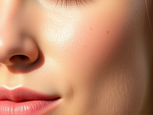 Close-up of a person's face with clean, hydrated skin, showcasing minimized pores in a bright, natural light, symbolizing effective summer pore management.