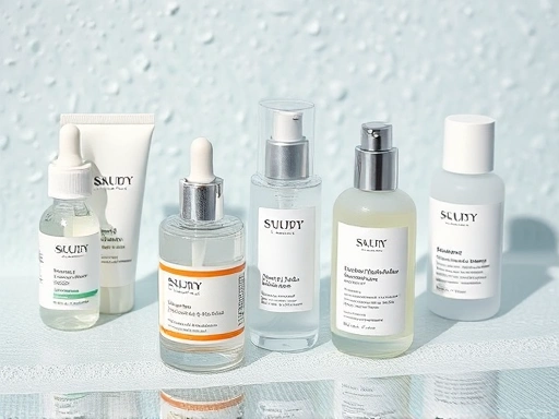 Detailed shot of various lightweight skincare products, like serums and toners, on a cooling, dewy surface, emphasizing hydration and pore refinement.