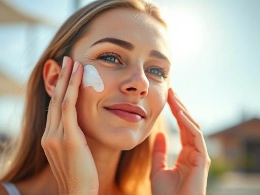 A person applying sunscreen to their face outdoors, with the sun shining brightly. Focus on the action of applying and a gentle, protected feel. Natural light, clear skin, and a healthy glow.