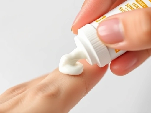 Close-up of a hand squeezing sunscreen cream onto fingertips, showing the texture and consistency of the product. Focus on the details of the cream and skin, with a soft, clean background.