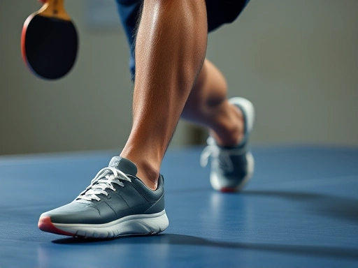 A close-up shot of a table tennis player's quick footwork and agile stance, showing detailed muscle movement and the rapid repositioning required for high-level play.
