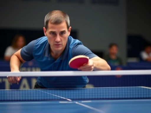 A focused table tennis player in a dynamic action shot during an intense match, emphasizing speed and precision, with a blurred background to highlight concentration.