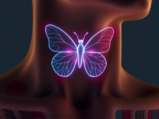 Close-up of a human neck showing the butterfly-shaped thyroid gland with subtle glowing hormones, surrounded by a subtle visual representation of energy and metabolism, illustrating its systemic importance.