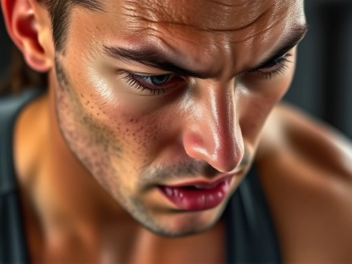 Close-up of a person's determined face and sweat during a high-intensity interval of a circuit training session, showing effort and focus on quick fitness.