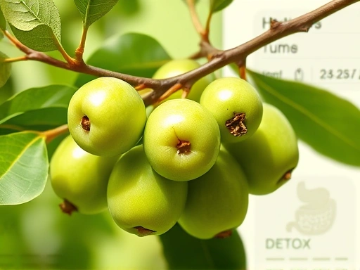 Vibrant green ume plums on a branch, with a subtle scientific illustration of digestive system and detox symbols in the background, bright lighting.