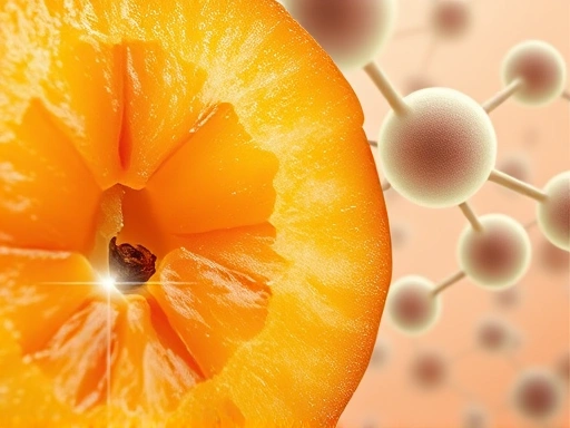 Macro shot of a sliced ume plum showing its flesh and pit, with abstract representations of citric acid molecules and liver cells in the background, crisp detail.