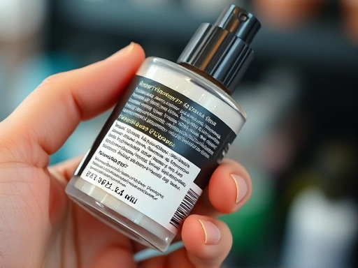 A detailed, professional close-up shot of a hand holding a cosmetic product, clearly showing the ingredient label with blurred background, vibrant and clear.