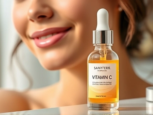 A close-up of a glowing woman's face, a delicate glass bottle of vitamin C serum on a vanity, blurred background, natural light, skincare, beauty, anti-aging.