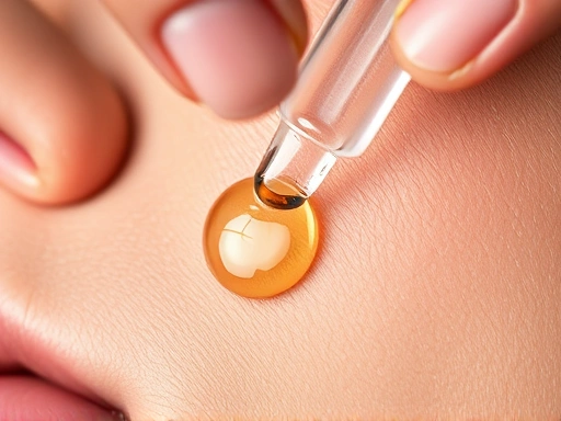 Macro shot of a hand applying a drop of clear vitamin C serum onto the skin, showing texture and luminosity, with focus on skin pores, anti-aging skincare.