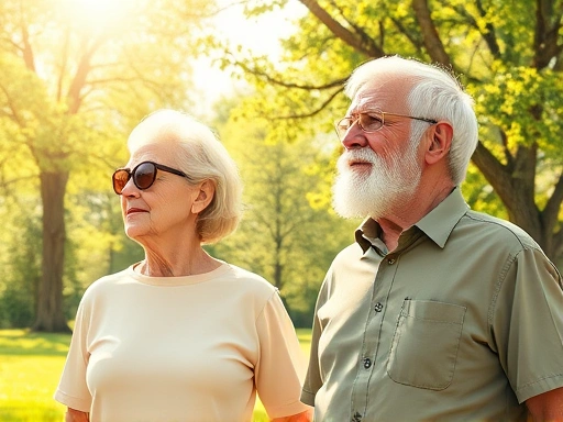 A detailed illustration of an elderly man and woman enjoying sunlight in a park, representing healthy aging with bright, warm tones, emphasizing natural vitamin D intake.
