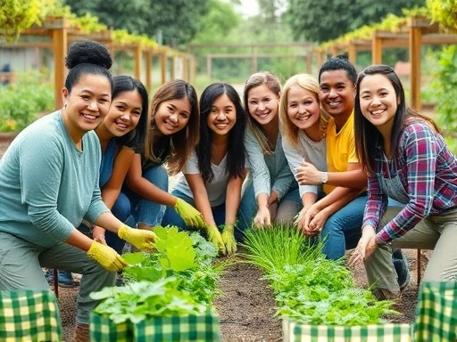 A diverse group of cheerful volunteers, smiling and working together in a community garden, symbolizing social connection and positive impact on mental health.