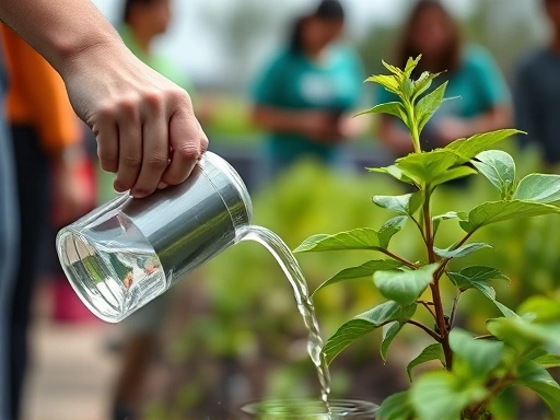 A close-up shot of a volunteer's hand gently watering a plant, with a blurred background of other volunteers, representing personal contribution and self-efficacy.