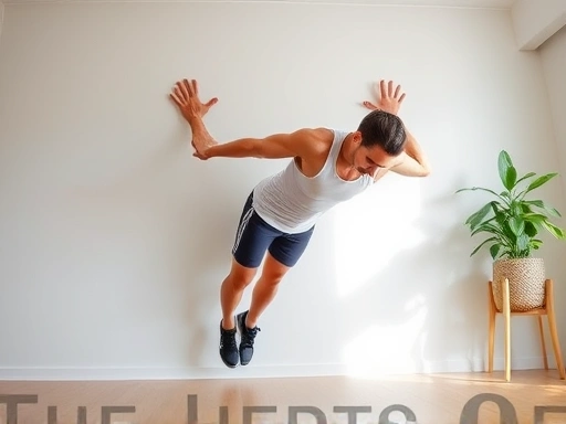 A person (gender-neutral) demonstrating a wall push-up with perfect form, hands on a plain wall, looking confident and strong, in a clean, brightly lit home gym environment. Full body shot, dynamic pose, clear focus on technique.