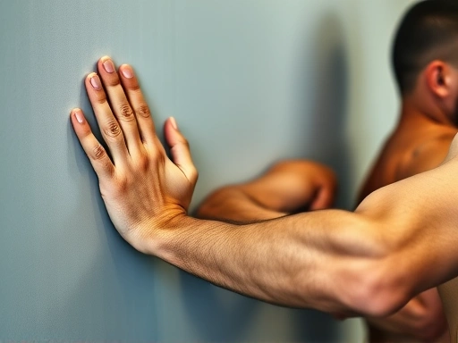Close-up shot of hands placed correctly on a wall for a wall push-up, showing proper grip and arm angle, with a blurred background of a person's body demonstrating the movement. Focus on technique, muscular definition, clear and sharp.