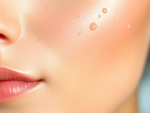 A close-up shot of healthy, glowing skin with small water droplets, emphasizing hydration and youthfulness, clean background, natural light, dermatology aesthetics.