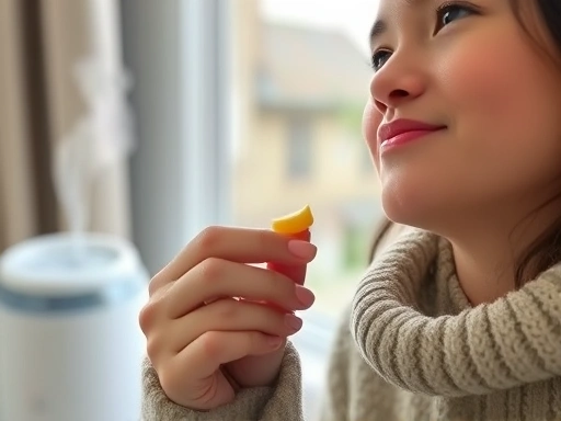 A person applying lip balm to their dry lips in a cozy indoor winter setting, with soft natural light and subtle steam from a humidifier in the background.