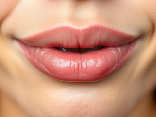 Close-up of a person's lips, showing a smooth, hydrated texture, with a water droplet subtly visible on the lip surface, emphasizing moisture and care.