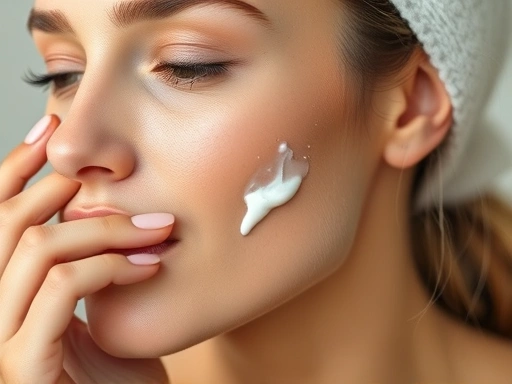 A close-up shot of a woman gently applying a hydrating moisturizer to her clean, healthy face, focusing on the texture of the cream and the glow of her skin, symbolizing skincare routine.
