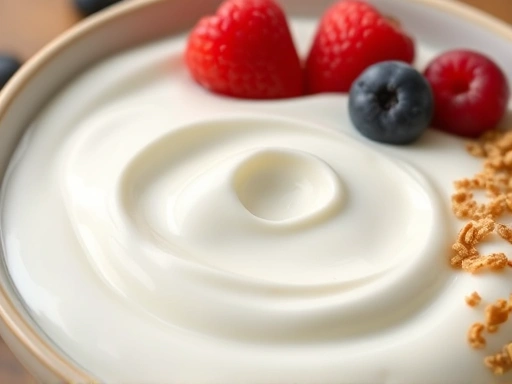 A close-up shot of creamy plain yogurt in a bowl, with fresh berries and granola on the side, emphasizing healthy eating and gut health.