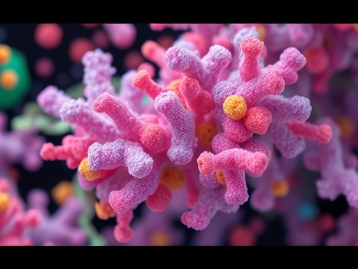 Microscopic view of various probiotic bacteria strains in a vibrant, abstract setting, representing their role in boosting immunity and gut health.