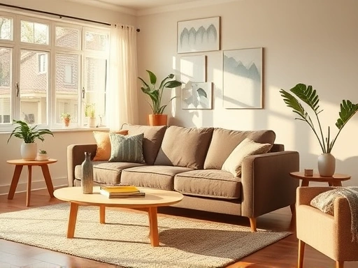 A cozy, modern living room with a cost-effective sofa as the centerpiece, bathed in warm natural light, reflecting smart home choices.
