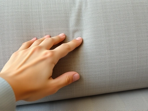 Close-up of a hand gently touching the texture of a high-quality, cost-effective sofa fabric, showing detailed craftsmanship and comfort.