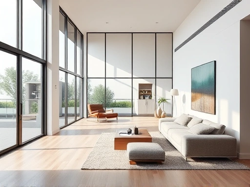 A modern minimalist living room with a large full-length mirror reflecting natural light and an outdoor view, creating a spacious and bright atmosphere.