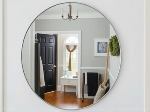 Close-up of a stylish, frameless round mirror reflecting a neatly organized entryway, showing attention to detail and clean lines.