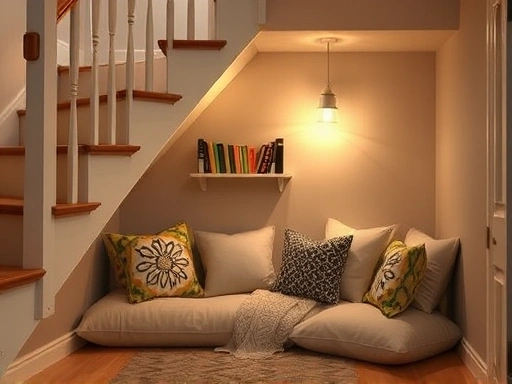 A cozy reading nook under the stairs, with soft cushions, warm lighting, and a small bookshelf, showcasing creative space utilization.