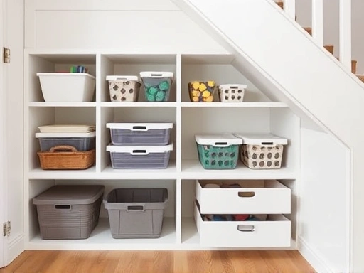 Close-up of custom-built storage shelves under stairs, featuring organized containers, drawers, and a seamless design, highlighting efficient organization.