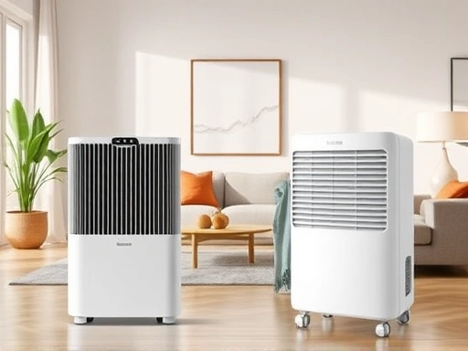 An air purifier and a dehumidifier side-by-side in a clean, modern living room, illustrating their distinct functions for air quality and humidity control with soft lighting and natural elements.