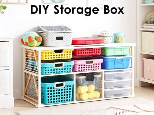 A creative DIY storage box made from various colorful Daiso items, like mesh grids, baskets, and clear containers, arranged neatly in a bright, organized room, showing practical use.