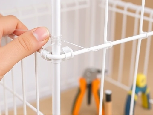 Close-up of hands connecting two white Daiso wire mesh panels with clear cable ties, forming a modular storage unit, with other small Daiso DIY tools in the background.