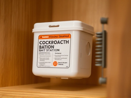 Close-up of a cockroach bait station being placed discreetly in a kitchen cabinet, showing precision and effective pest control product application.