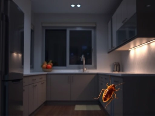 A clean, modern kitchen at night, with a subtle, realistic cockroach hiding in a dark corner, emphasizing the need for thorough cleaning and pest control.