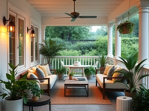 A cozy and organized veranda space with modern minimalist furniture, lush green plants, and warm ambient lighting, perfect for reading or relaxing.