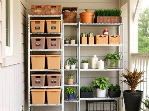 Close-up of a neatly arranged storage solution on a veranda, featuring modular shelves with labeled boxes and small potted herbs, highlighting efficient space usage.